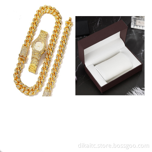 Fashion 3pcs/Set Gold Men's Watch Gift Set Stylish 20 inch Necklace Bracelet Diamond Watches Sets Quartz Wristwatch Reloj Mujer
